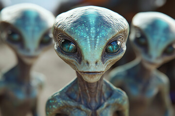 Three extraterrestrial beings with large eyes and textured skin in a sci-fi setting.