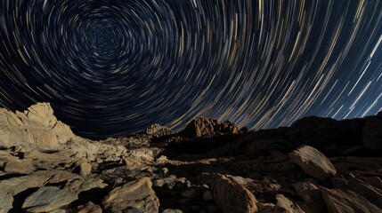 Fototapeta premium A long exposure of the night sky, showing star trails and the rotating galaxy against a rocky foreground.