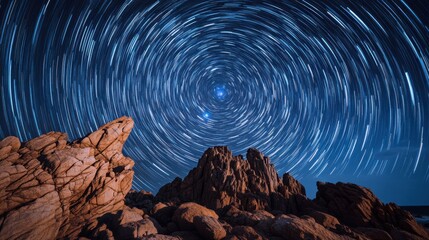 Fototapeta premium A long exposure of the night sky, showing star trails and the rotating galaxy against a rocky foreground.