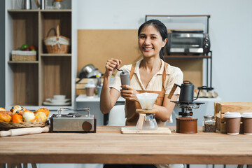 Drip coffee, woman making drip coffee.