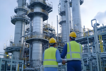 Efficient workers inspect industrial plant equipment together