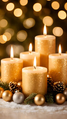 Christmas candle and Christmas tree with blur bokeh light 	
