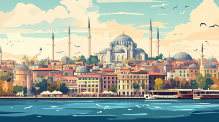simple flat 2D illustration, vector illustration, simple colors, view on istanbul and Sultan Ahmet mosque or blue mosque. Famous touristic must-see spot in the heart of the capital city Istanbul.