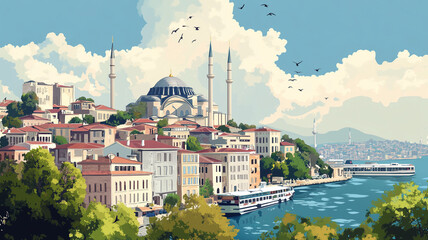 Fototapeta premium simple flat 2D illustration, vector illustration, simple colors, view on istanbul and Sultan Ahmet mosque or blue mosque. Famous touristic must-see spot in the heart of the capital city Istanbul.
