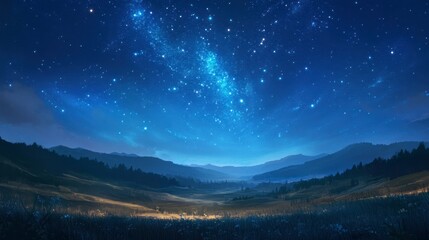 Fototapeta premium A peaceful landscape beneath a blue sky, where the first stars appear, hinting at the galaxy vast beauty.