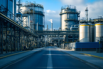 Obraz premium Industrial landscape with large storage tanks and pipelines