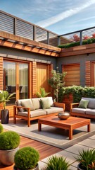 Stylish outdoor patio with comfortable seating, wooden furniture, and lush greenery under a sunny sky