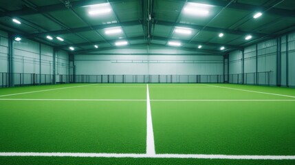 A spacious indoor cricket practice net with artificial turf, white boundary lines, and bright overhead lights