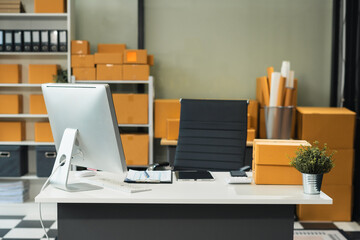 workspace area with laptop tablet smartphone and paperwork on the table in the office concept.