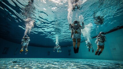 Astronauts Training Underwater : astronauts training underwater in a massive pool, simulating the zero gravity environment of space