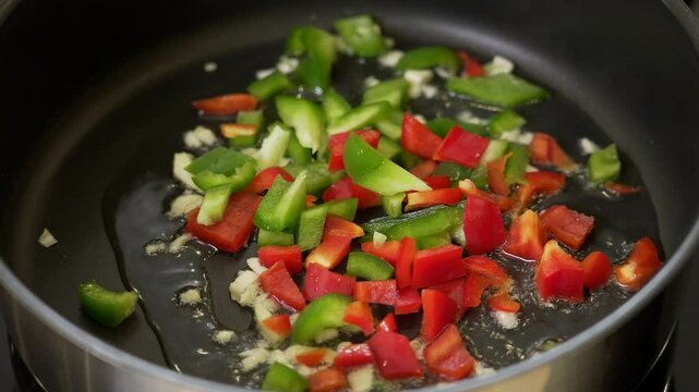 Chef is frying chopped vegetables in a pan