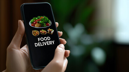 Delicious food delivery options displayed on smartphone, showcasing various meals and fresh ingredients. This captures convenience and variety of modern food delivery services