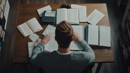 Student studying at a desk with textbooks and notes scattered around, focused on preparing for an exam. Determination and hard work in education.