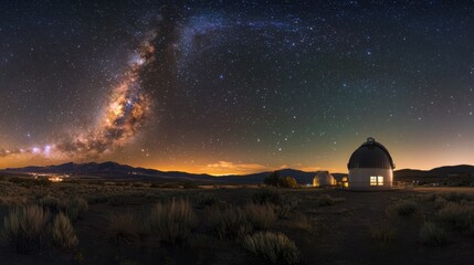Fototapeta premium Astronomical Observatory at Night : astronomical observatory with a large telescope, capturing stars and distant galaxies under a clear night sky
