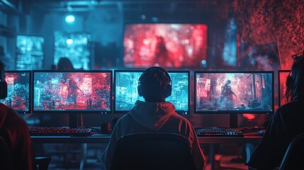 A vibrant online gaming community gathers at night, immersed in immersive digital worlds with multiple screens showcasing action. Generative AI