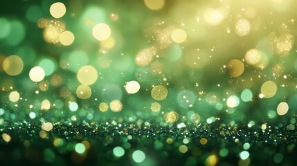Abstract green and gold bokeh background with glitter.