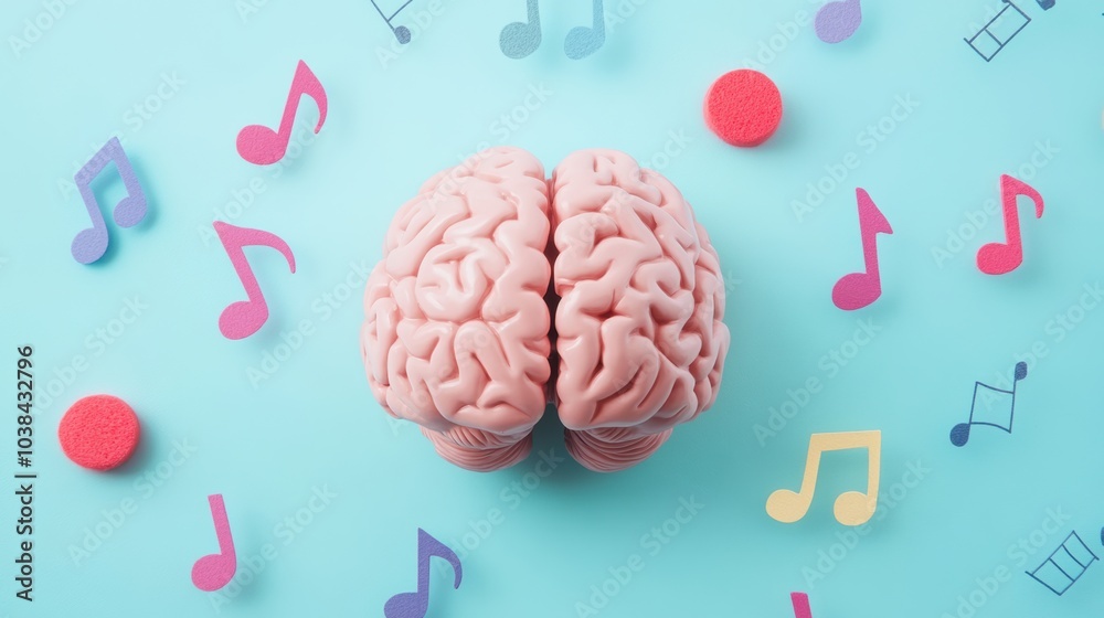 Poster a vibrant human brain is depicted with musical notes floating around it against a pastel blue backdr