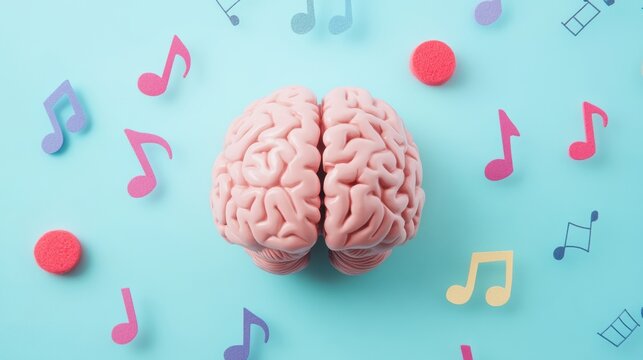 A vibrant human brain is depicted with musical notes floating around it against a pastel blue backdrop, emphasizing music's influence on thought. Generative AI