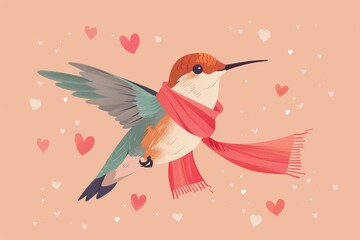 Obraz premium Cozy hummingbird in a pink scarf with heart motif