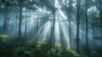 Fototapeta premium Foggy forest with shafts of light piercing through the trees, creating a dramatic and mystical atmosphere