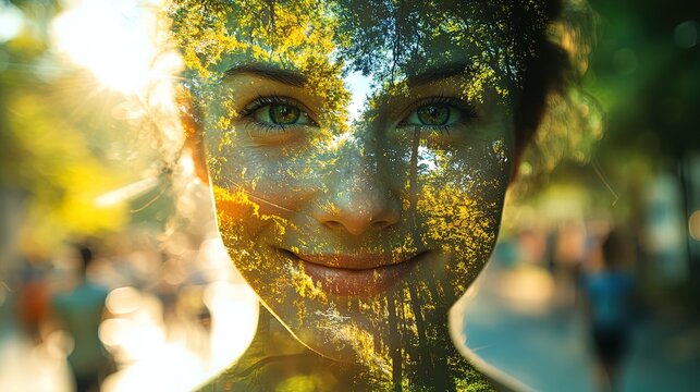A smiling woman's face merges with a vibrant forest, symbolizing harmony, growth, and nature's beauty. Generated AI.