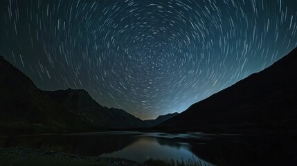 A time-lapse shot of the night sky, capturing the motion of stars and the galaxy over a serene natural landscape.