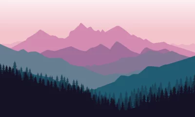 Gardinen mountain landscape, abstract art background vector. Minimalist style painting, natural landscapes, hills and trees. Wall art design for home decoration, wallpaper. © Aku