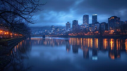 Naklejka premium City skyline reflected in a river at dusk, with high contrast between the dark water and the illuminated buildings