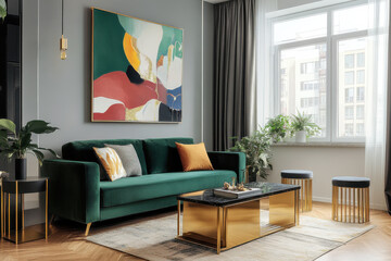 stylish living room featuring green sofa adorned with colorful cushions, modern coffee table, and elegant decor. large window allows natural light to enhance vibrant atmosphere