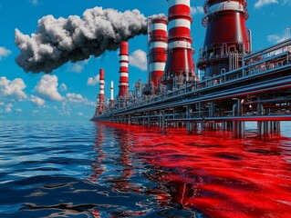 Obraz premium Industrial smokestacks releasing pollution over water, showcasing environmental impact.