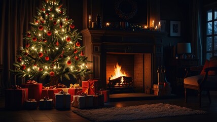 A cozy living room with a decorated Christmas tree, a fireplace with a fire burning, and gifts under the tree.