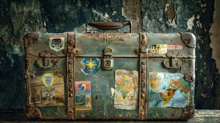 A vintage suitcase with travel stickers from different eras