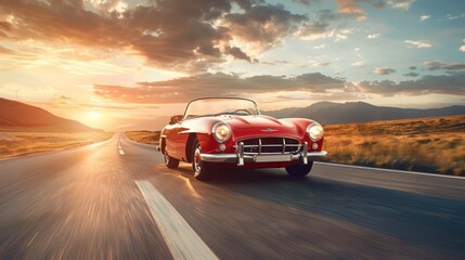 A vintage car speeding down a deserted highway at sunset, capturing motion and emotion