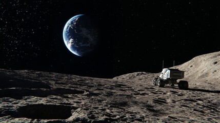 Rover on the Moon : A futuristic lunar rover exploring the surface of the moon, with Earth visible in the distance