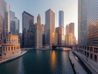 Wide Angle View of Chicago's Urban Skyline at Sunset