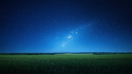 Fototapeta premium An open field beneath a deep blue sky, where stars start to twinkle, revealing the vastness of the galaxy.
