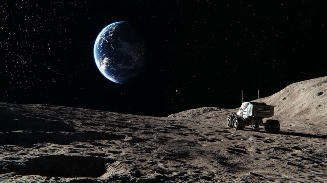 Rover on the Moon : A futuristic lunar rover exploring the surface of the moon, with Earth visible in the distance