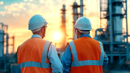 Refinery workers in protective gear inspecting equipment at sunset in an industrial landscape