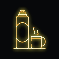Glowing neon line thermos and cup icon isolated on black background. Vector illustration
