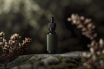 product shot of bottle of organic essential oil with dropper on Mossy Rock with Nature Background