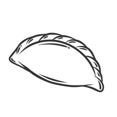 One dumpling, empanada line icon. Outline hand drawn boiled dumpling with different filling wrapped in dough, baked or fried pastry. Fast food mascot, simple savory snack icon vector illustration