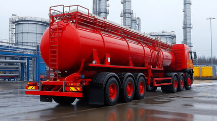 Seamless loading of fuel tanker at processing plant with industrial infrastructure in background
