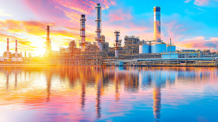 Obraz premium Serene reflections of an oil refinery plant at sunset over calm waters