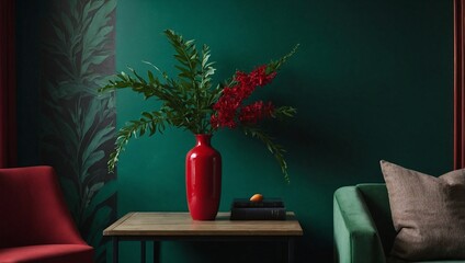 A bold interior shot with a matte green wall
