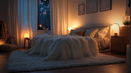 Cozy bedroom with queen-sized bed fluffy white blankets soft lighting and wooden floors with plush rug
