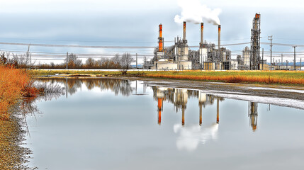 Obraz premium Tranquil oil refinery plant reflected in serene waters a perfect blend of industry and nature