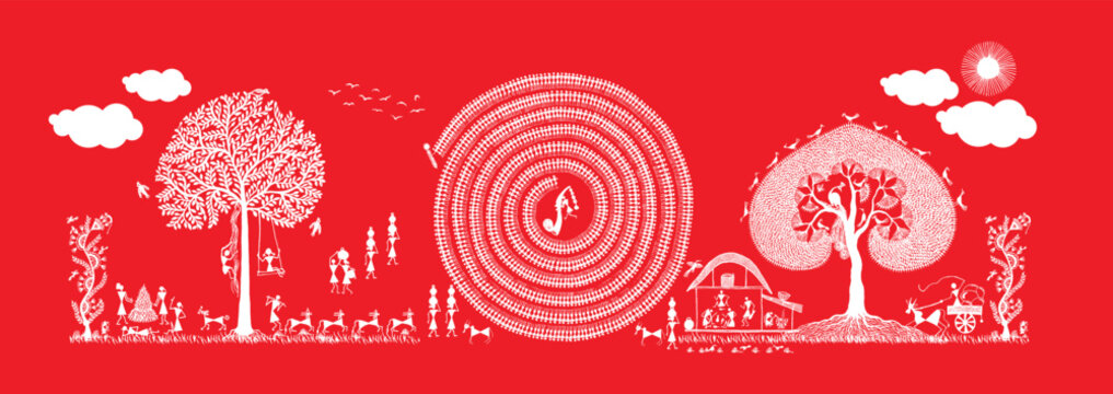 Harmony in the Fields: A Captivating Warli Depiction of Rural Life. Warli art rural life, Warli village scene, Indian folk art rural, Warli countryside painting