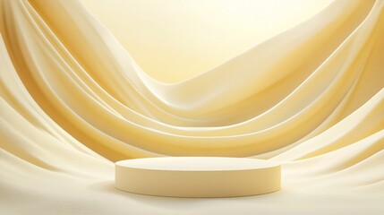 Soft yellow drapery creates an elegant backdrop with a circular pedestal in the center, ideal for product displays or artistic presentations.