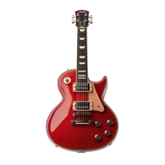 A striking red electric guitar with a glossy finish, perfect for music enthusiasts and performers.
