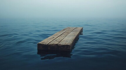 Fototapeta premium A lonely wooden dock floating on calm water, surrounded by a thick mist, evoking a serene and tranquil atmosphere in nature.